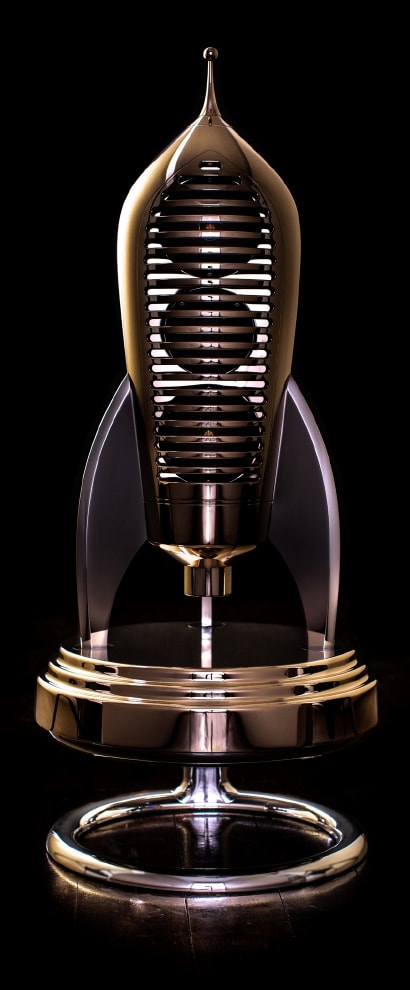 The Cosmotron 50 loud speaker, sitting upon a Leviton Stand.