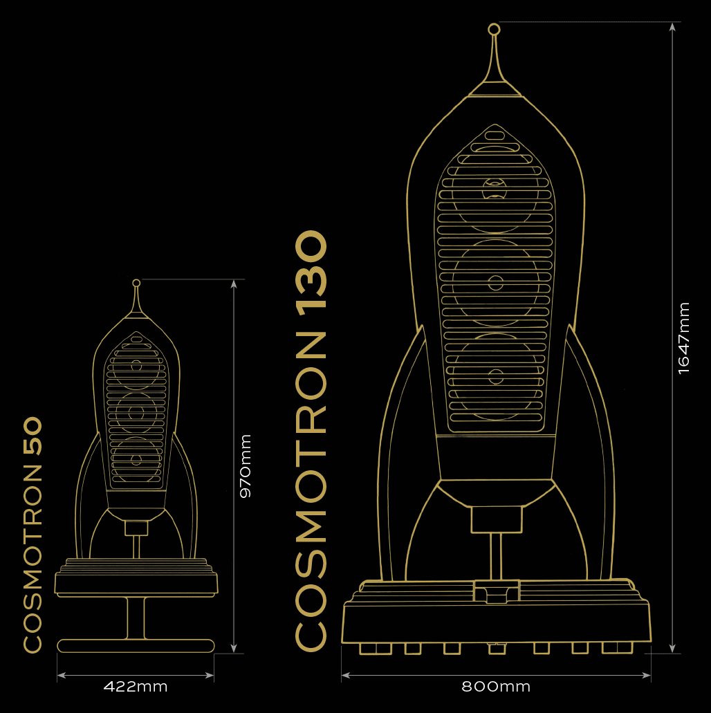 The Cosmotron 50 is 978mm tall, when sitting on the included Leviton Stand. The imposing Cosmotron 130 is 1647mm tall, and 800mm wide.